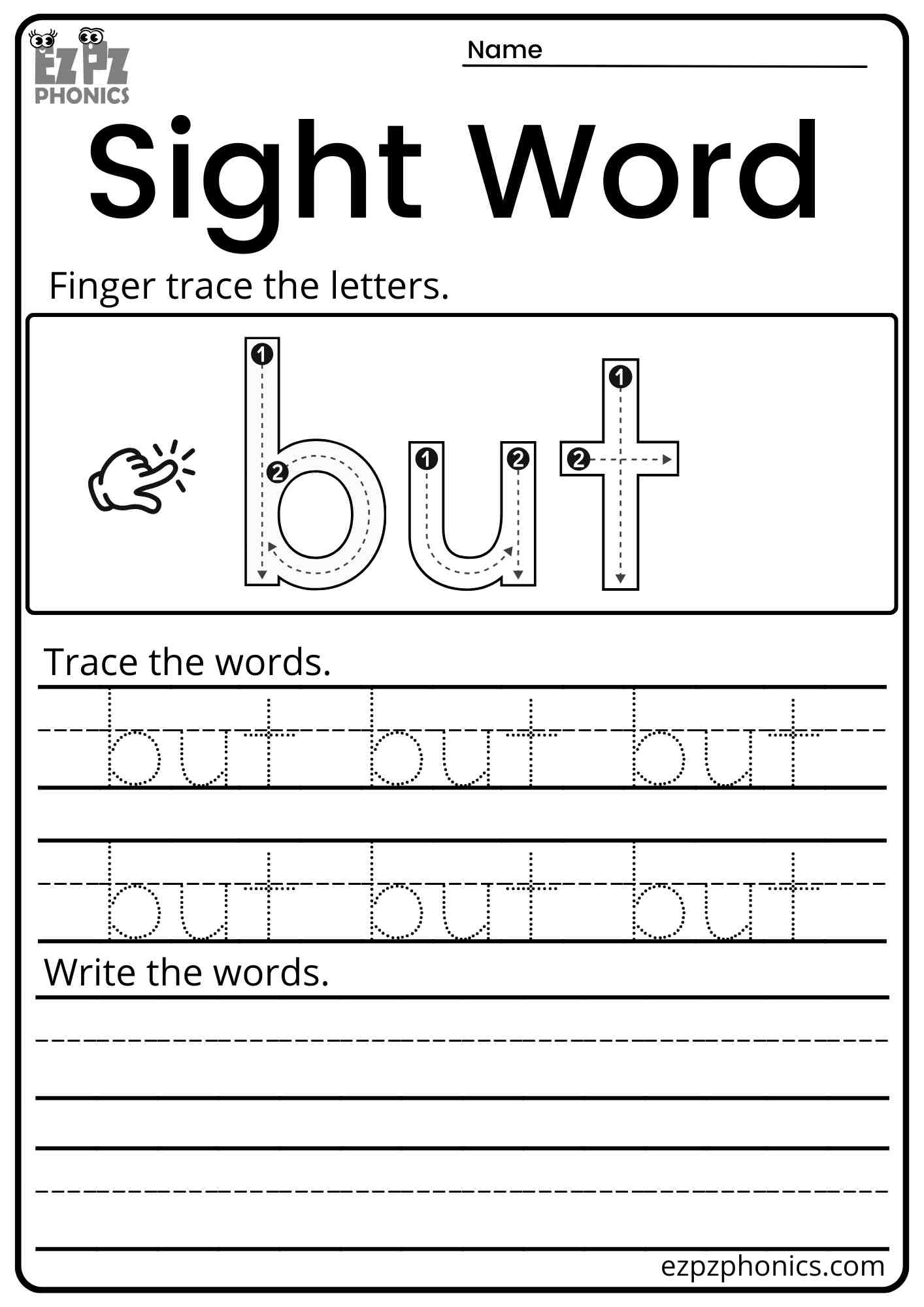 "But" Dolch Kindergarten Sight Word Trace and Write Worksheet PDF Download